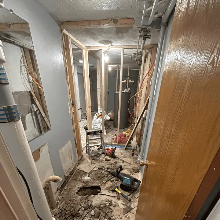 Bathroom gutted to the studs during demolition